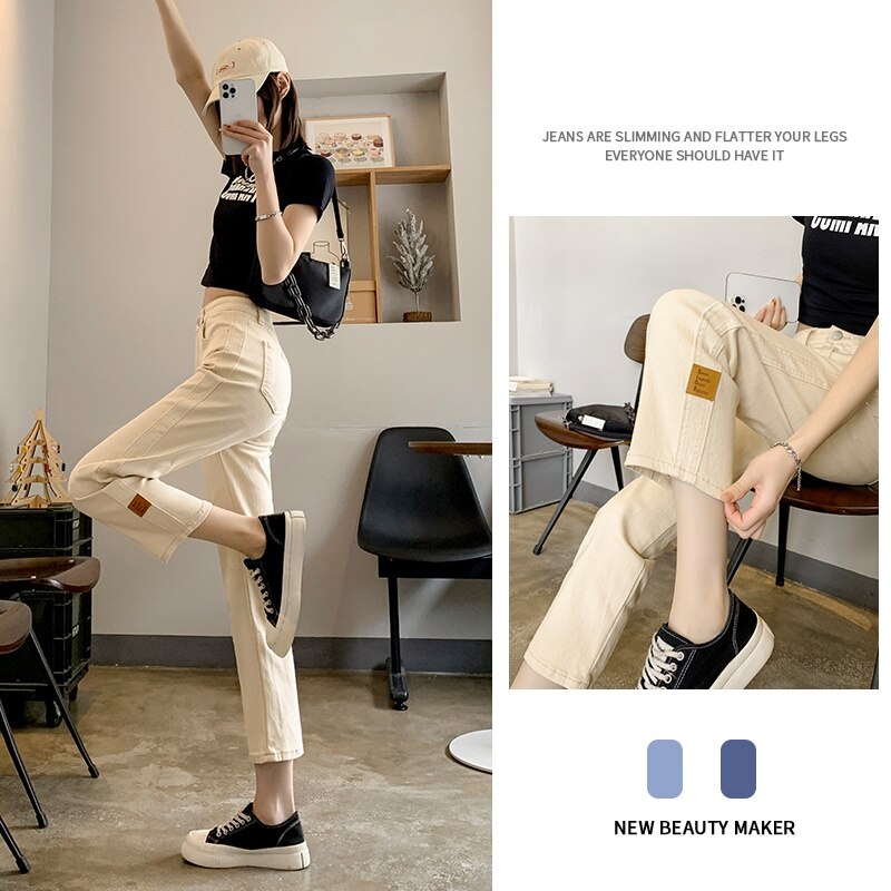 Straight Jeans Women&s Summer Thin Hong Kong Flavor New Korean Style High Waist Slimming Capri Cigarette Pants for Women
